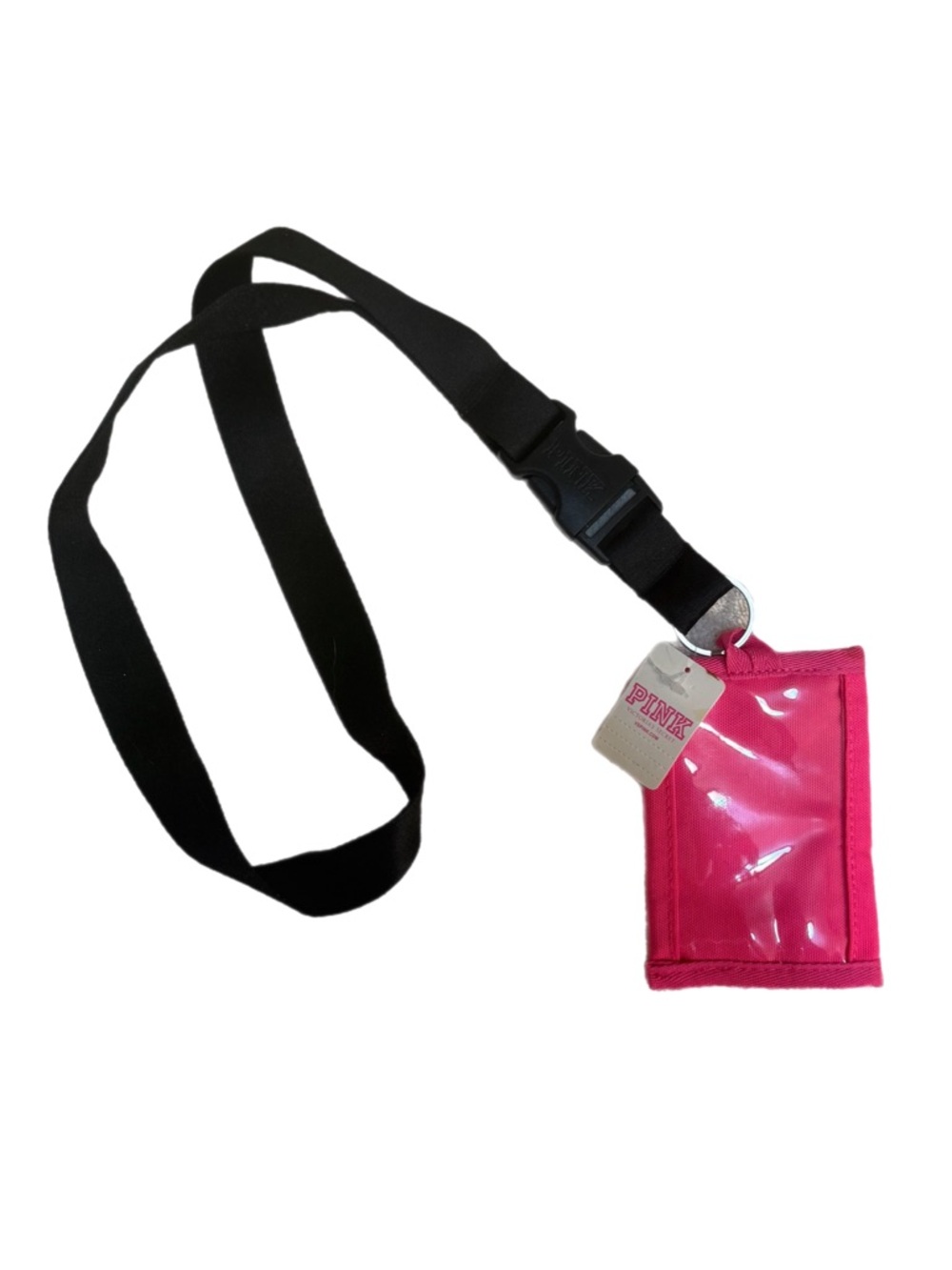 PINK Victoria's Secret Black Lanyard with Hot Pink Card Holder NWT